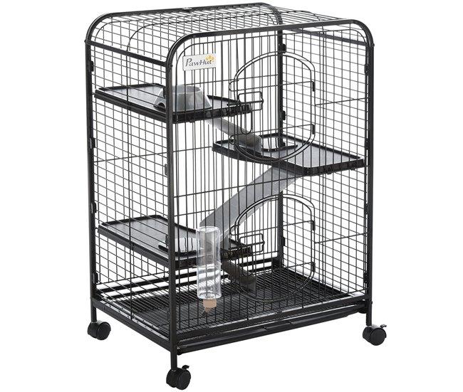 Conforama PawHut Jaula para Animales Pequeños Jaula para Roedores con Ruedas Rampa Cuenco Botella de Agua y Bandeja Extraíble Recinto para Conejos Chinchillas Hurones 61 5x44x95 cm Negro