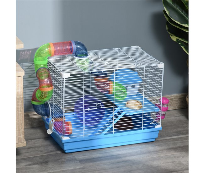 Conforama PawHut Jaula Para Hámster 46x30x37 Cm Casa Para Hámster Con Tubos Comedero Bebedero Rampa Rueda De Ejercicio Y Asa Portátil Para Interior Y Exterior Azul Y Blanco
