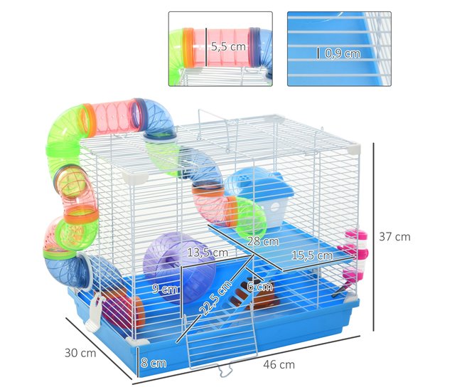 Conforama PawHut Jaula Para Hámster 46x30x37 Cm Casa Para Hámster Con Tubos Comedero Bebedero Rampa Rueda De Ejercicio Y Asa Portátil Para Interior Y Exterior Azul Y Blanco