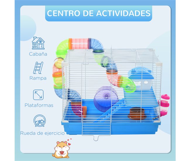 Conforama PawHut Jaula Para Hámster 46x30x37 Cm Casa Para Hámster Con Tubos Comedero Bebedero Rampa Rueda De Ejercicio Y Asa Portátil Para Interior Y Exterior Azul Y Blanco