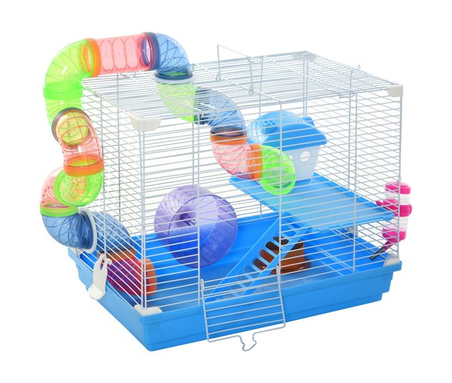 Conforama PawHut Jaula para Hámster 46x30x37 cm Casa para Hámster con Tubos Comedero Bebedero Rampa Rueda de Ejercicio y Asa Portátil para Interior y Exterior Azul y Blanco