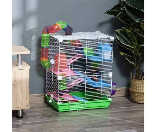 Conforama PawHut Jaula Para Hámster Casa Para Animales Pequeños Con Túnel Plataformas Cuenco Bebedero Casita Rampas Y Rueda De Ejercicio 46x30x58cm Verde Y Blanco