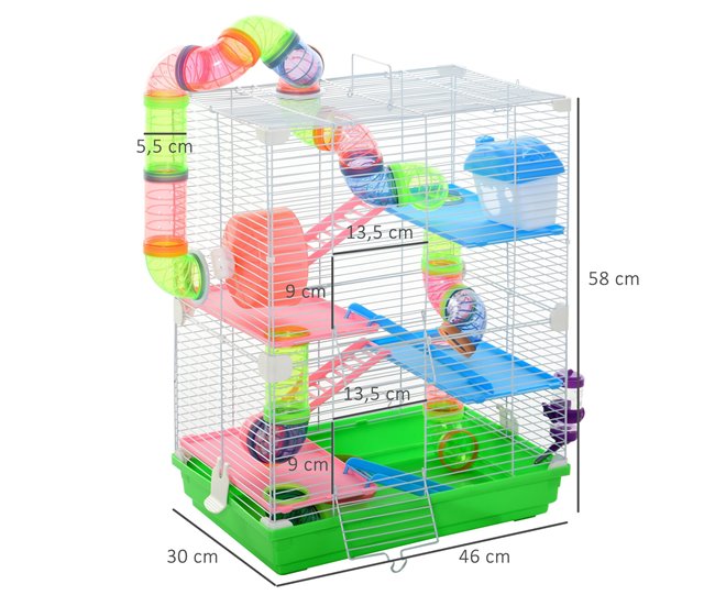 Conforama PawHut Jaula Para Hámster Casa Para Animales Pequeños Con Túnel Plataformas Cuenco Bebedero Casita Rampas Y Rueda De Ejercicio 46x30x58cm Verde Y Blanco