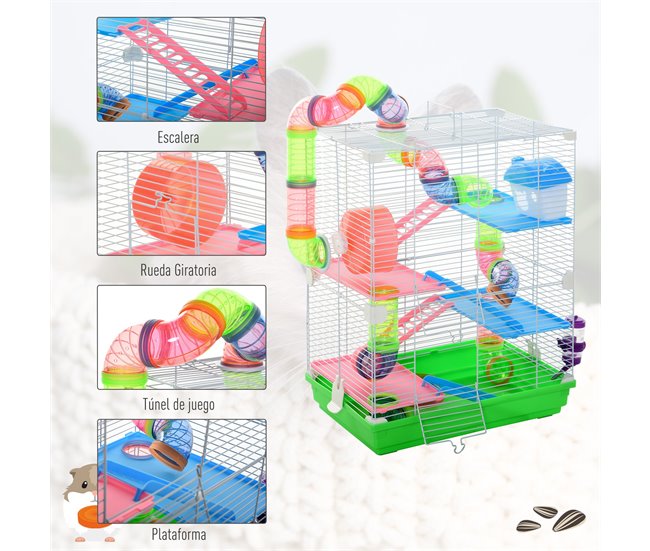 Conforama PawHut Jaula Para Hámster Casa Para Animales Pequeños Con Túnel Plataformas Cuenco Bebedero Casita Rampas Y Rueda De Ejercicio 46x30x58cm Verde Y Blanco
