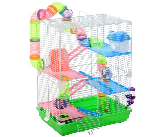 Conforama PawHut Jaula para Hámster Casa para Animales Pequeños con Túnel Plataformas Cuenco Bebedero Casita Rampas y Rueda de Ejercicio 46x30x58cm Verde y Blanco