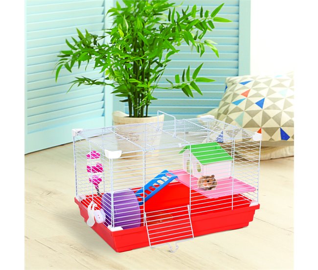 Conforama PawHut Jaula Para Hámster Casa Para Hámster 47x30x27 Cm Con 1 Piso Comedero Bebedero Rampa Rueda De Ejercicio Para Animales Pequeños Blanco Y Rojo