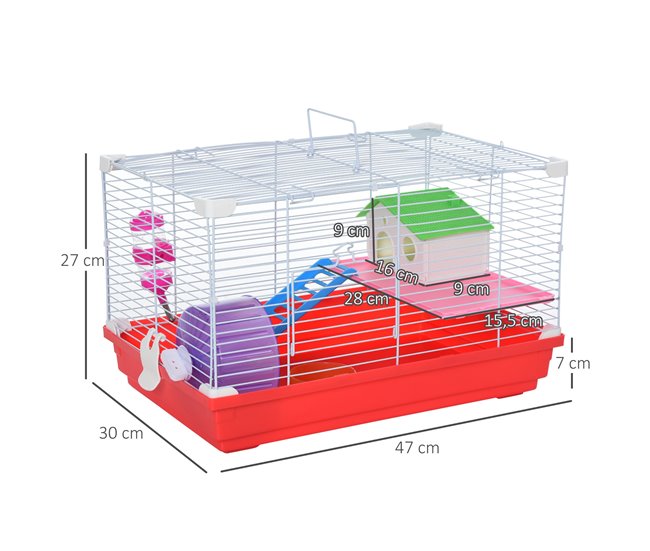 Conforama PawHut Jaula Para Hámster Casa Para Hámster 47x30x27 Cm Con 1 Piso Comedero Bebedero Rampa Rueda De Ejercicio Para Animales Pequeños Blanco Y Rojo