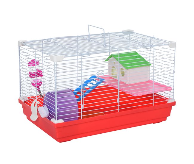 Conforama PawHut Jaula para Hámster Casa para Hámster 47x30x27 cm con 1 Piso Comedero Bebedero Rampa Rueda de Ejercicio para Animales Pequeños Blanco y Rojo