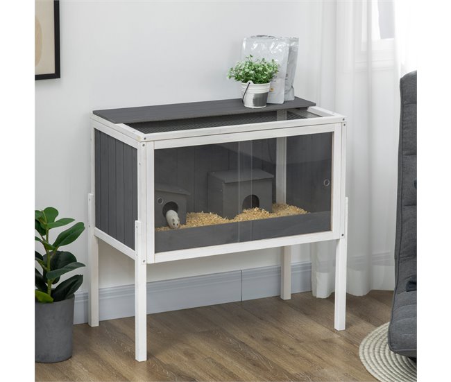 Conforama PawHut Jaula Para Hámster De Madera 82x45x81 Cm Casa Para Roedores Con 2 Puertas De Acrílico Estante Extraíble 2 Casitas Para Animales Pequeños Gris Oscuro