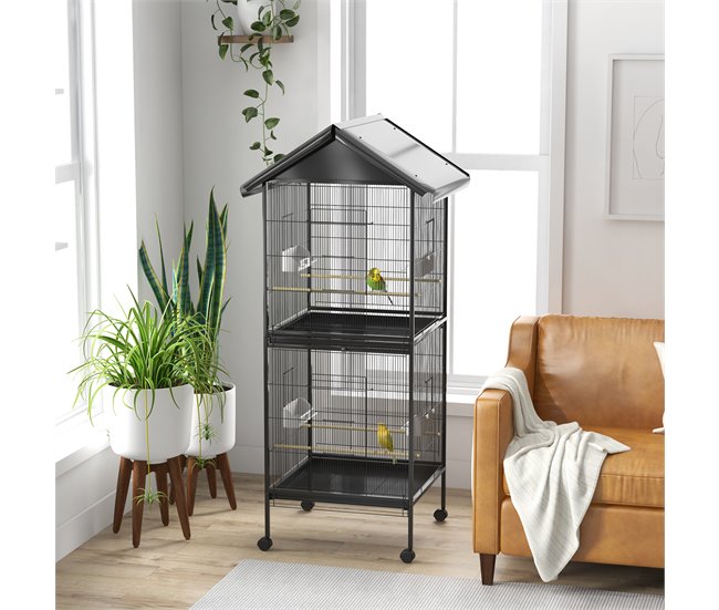 Conforama PawHut Jaula Para Pájaros 2 En 1 Grande De 2 Pisos Convertible En Sola Pajarera Con Ruedas 4 Comederos 4 Perchas Y Bandejas Extraíbles Para Canarios Loros 78x75x168 Cm Negro