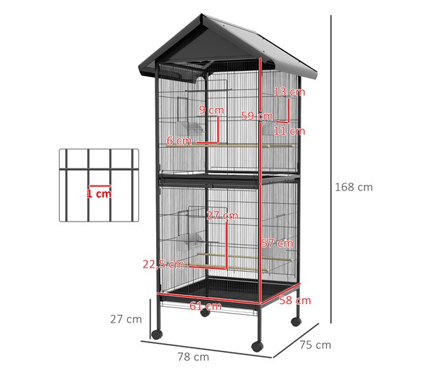 Conforama PawHut Jaula Para Pájaros 2 En 1 Grande De 2 Pisos Convertible En Sola Pajarera Con Ruedas 4 Comederos 4 Perchas Y Bandejas Extraíbles Para Canarios Loros 78x75x168 Cm Negro