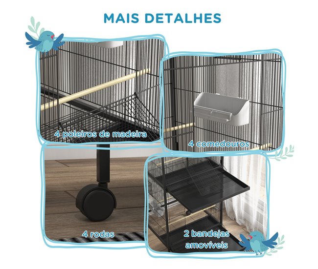 Conforama PawHut Jaula Para Pájaros 2 En 1 Grande De 2 Pisos Convertible En Sola Pajarera Con Ruedas 4 Comederos 4 Perchas Y Bandejas Extraíbles Para Canarios Loros 78x75x168 Cm Negro