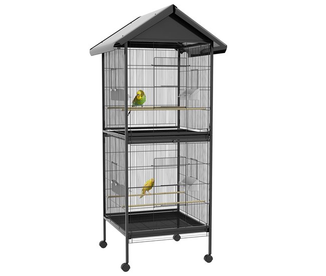 Conforama PawHut Jaula para Pájaros 2 en 1 Grande de 2 Pisos Convertible en Sola Pajarera con Ruedas 4 Comederos 4 Perchas y Bandejas Extraíbles para Canarios Loros 78x75x168 cm Negro