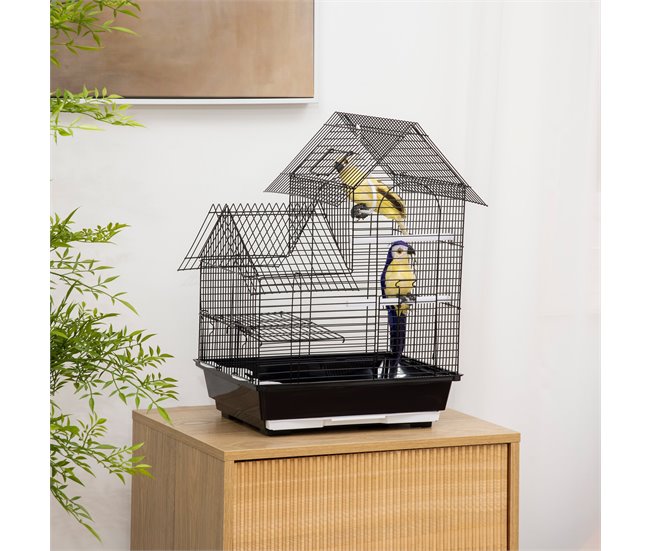 Conforama PawHut Jaula Para Pájaros 39x33x47 Cm Pajarera Metálica Con 3 Puertas 2 Comederos 2 Perchas Columpio Bandeja Extraíble Y Asa De Transporte Para Canarios Negro