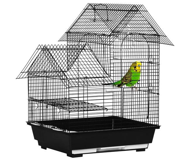 Conforama PawHut Jaula para Pájaros 39x33x47 cm Pajarera Metálica con 3 Puertas 2 Comederos 2 Perchas Columpio Bandeja Extraíble y Asa de Transporte para Canarios Negro