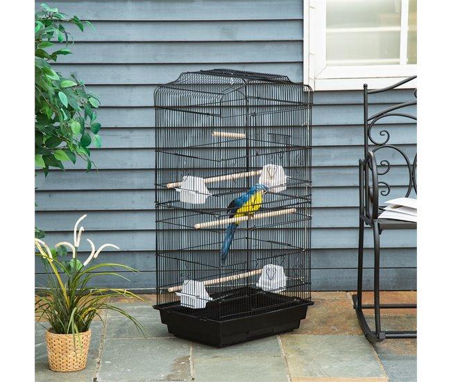 Conforama PawHut Jaula Para Pájaros 46 5x35 5x92 Cm Pajarera De Metal Con Puertas 4 Comederos 3 Perchas Columpio Bandeja Extraíble Y Asa De Transporte Para Loro Canario Periquito Negro