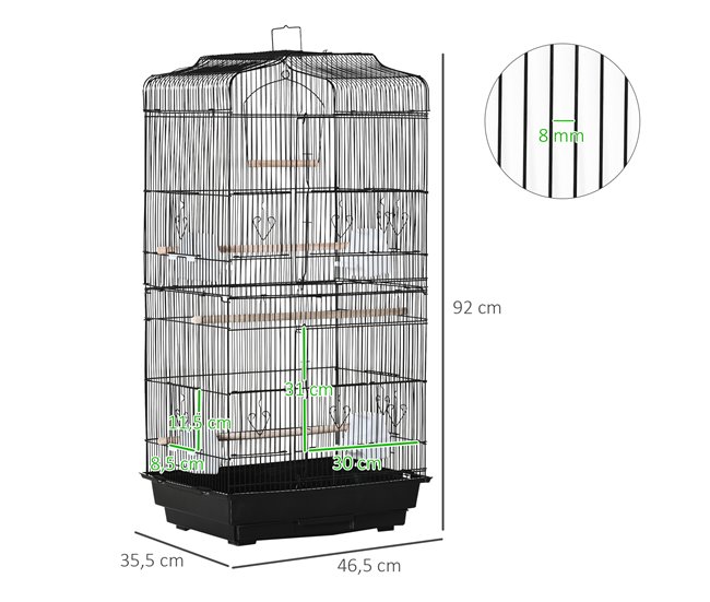 Conforama PawHut Jaula Para Pájaros 46 5x35 5x92 Cm Pajarera De Metal Con Puertas 4 Comederos 3 Perchas Columpio Bandeja Extraíble Y Asa De Transporte Para Loro Canario Periquito Negro