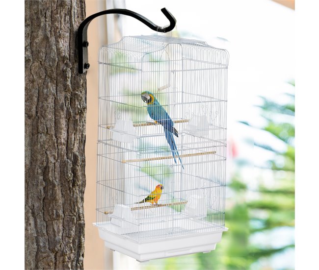 Conforama PawHut Jaula Para Pájaros 46 5x35 5x92 Cm Pajarera De Metal Con Puertas 4 Comederos 3 Perchas Columpio Bandeja Extraíble Y Asa De Transporte Para Loro Canario Periquito Blanco