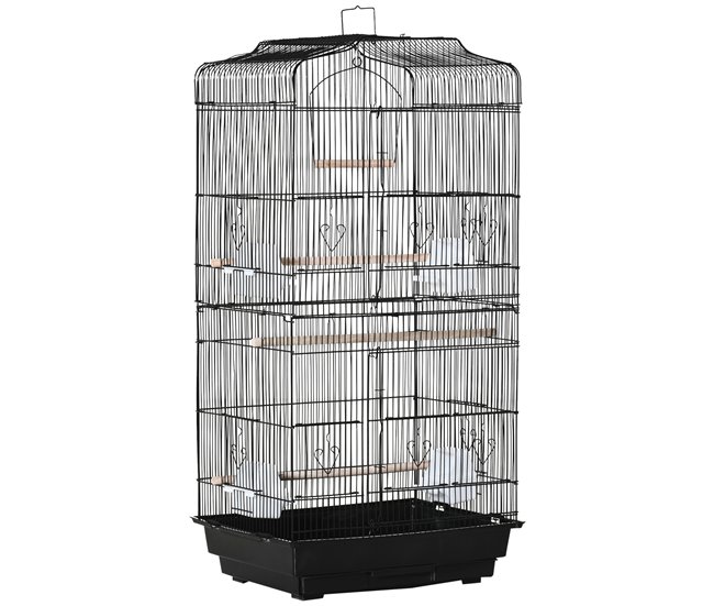 Conforama PawHut Jaula para Pájaros 46 5x35 5x92 cm Pajarera de Metal con Puertas 4 Comederos 3 Perchas Columpio Bandeja Extraíble y Asa de Transporte para Loro Canario Periquito Negro