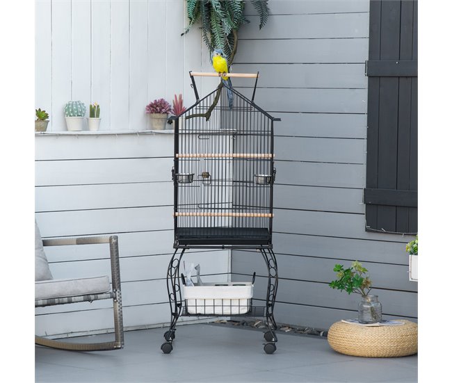 Conforama PawHut Jaula Para Pájaros 50x58x145 Cm Pajarera Metálica Con 3 Puertas 2 Comederos 3 Perchas Bandeja Extraíble Estante Abierto Y 4 Ruedas Para Canarios Periquitos Negro