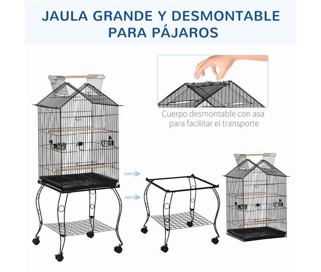 Conforama PawHut Jaula Para Pájaros 50x58x145 Cm Pajarera Metálica Con 3 Puertas 2 Comederos 3 Perchas Bandeja Extraíble Estante Abierto Y 4 Ruedas Para Canarios Periquitos Negro