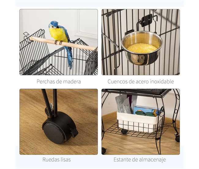 Conforama PawHut Jaula Para Pájaros 50x58x145 Cm Pajarera Metálica Con 3 Puertas 2 Comederos 3 Perchas Bandeja Extraíble Estante Abierto Y 4 Ruedas Para Canarios Periquitos Negro