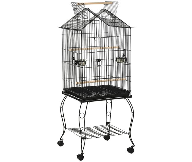 Conforama PawHut Jaula para Pájaros 50x58x145 cm Pajarera Metálica con 3 Puertas 2 Comederos 3 Perchas Bandeja Extraíble Estante Abierto y 4 Ruedas para Canarios Periquitos Negro