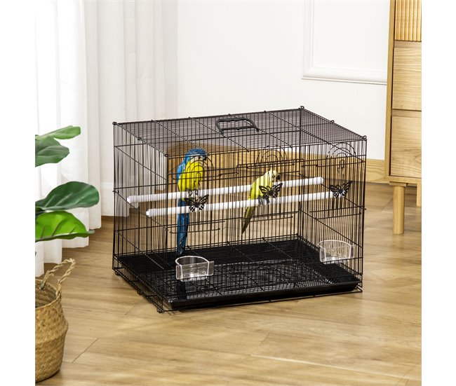 Conforama PawHut Jaula Para Pájaros 60x41x41 Cm Pajarera De Metal Con Comederos 2 Perchas 3 Puertas Y Asa De Transporte Para Pájaros Pequeños Canarios Cotorras Negro