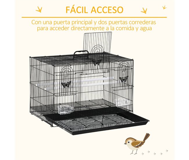 Conforama PawHut Jaula Para Pájaros 60x41x41 Cm Pajarera De Metal Con Comederos 2 Perchas 3 Puertas Y Asa De Transporte Para Pájaros Pequeños Canarios Cotorras Negro