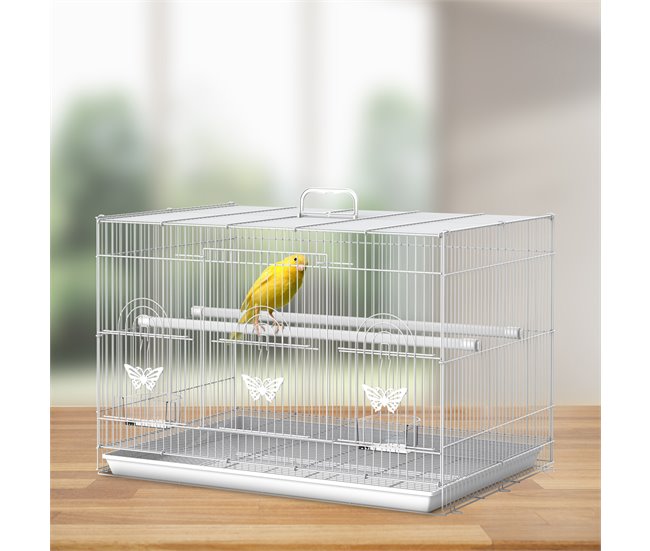 Conforama PawHut Jaula Para Pájaros 60x41x41 Cm Pajarera De Metal Con Comederos 2 Perchas 3 Puertas Y Asa De Transporte Para Pájaros Pequeños Canarios Cotorras Blanco
