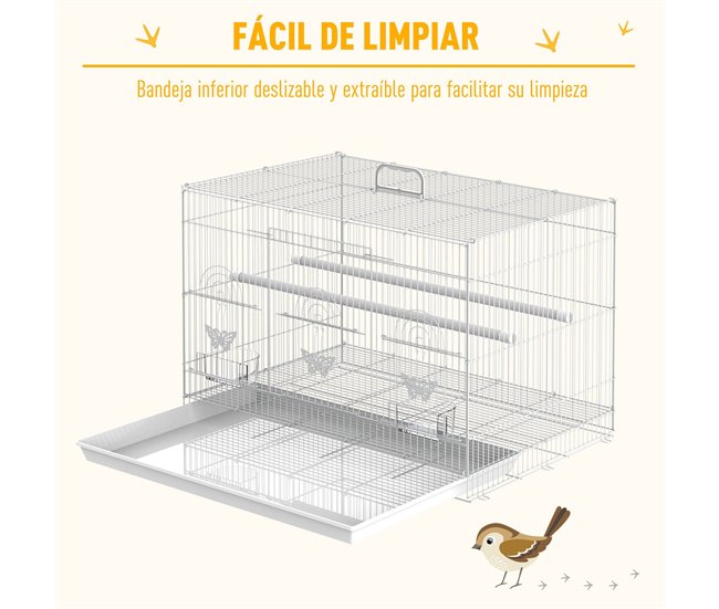 Conforama PawHut Jaula Para Pájaros 60x41x41 Cm Pajarera De Metal Con Comederos 2 Perchas 3 Puertas Y Asa De Transporte Para Pájaros Pequeños Canarios Cotorras Blanco