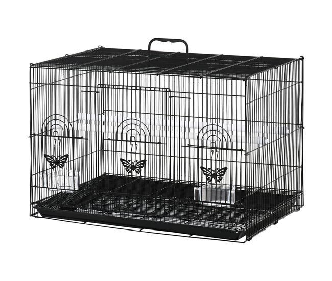 Conforama PawHut Jaula para Pájaros 60x41x41 cm Pajarera de Metal con Comederos 2 Perchas 3 Puertas y Asa de Transporte para Pájaros Pequeños Canarios Cotorras Negro
