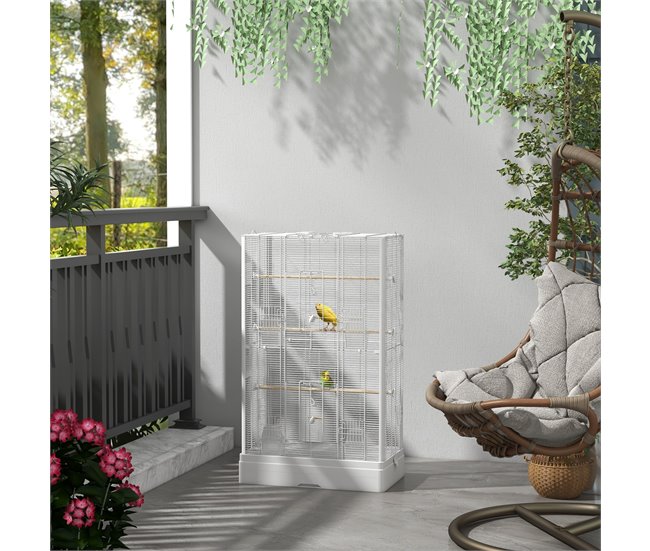 Conforama PawHut Jaula Para Pájaros 61x36 5x98 Cm Pajarera Con Puertas Perchas Bandeja Extraíble Cajas De Comidas Y Asas Jaula Para Ninfas Periquitos Pinzones Canarios Blanco