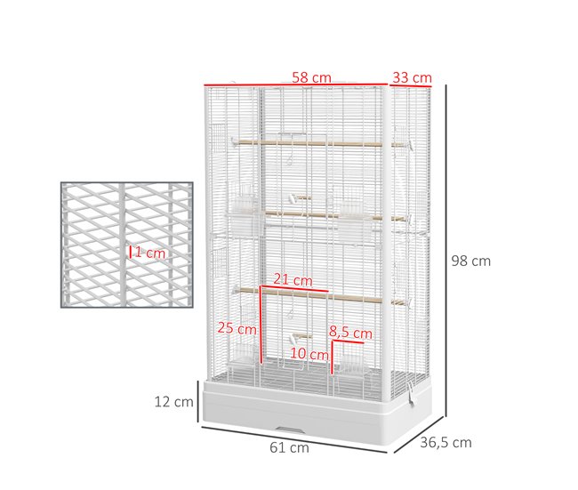 Conforama PawHut Jaula Para Pájaros 61x36 5x98 Cm Pajarera Con Puertas Perchas Bandeja Extraíble Cajas De Comidas Y Asas Jaula Para Ninfas Periquitos Pinzones Canarios Blanco