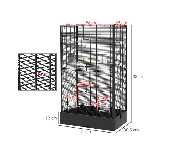 Conforama PawHut Jaula Para Pájaros 61x36 5x98 Cm Pajarera Con Puertas Perchas Bandeja Extraíble Cajas De Comidas Y Asas Jaula Para Ninfas Periquitos Pinzones Canarios Negro