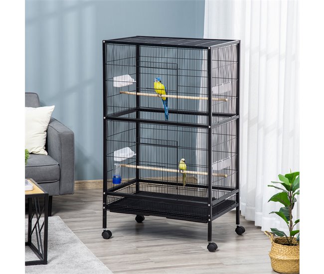 Conforama PawHut Jaula Para Pájaros Con 4 Ruedas Pajarera Metálica Con Múltiples Puertas 4 Comederos Bebedero 2 Perchas Y Bandeja Para Loros Canarios Periquitos 79x52x137 Cm Negro