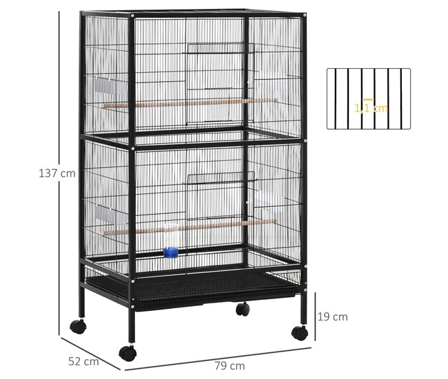 Conforama PawHut Jaula Para Pájaros Con 4 Ruedas Pajarera Metálica Con Múltiples Puertas 4 Comederos Bebedero 2 Perchas Y Bandeja Para Loros Canarios Periquitos 79x52x137 Cm Negro