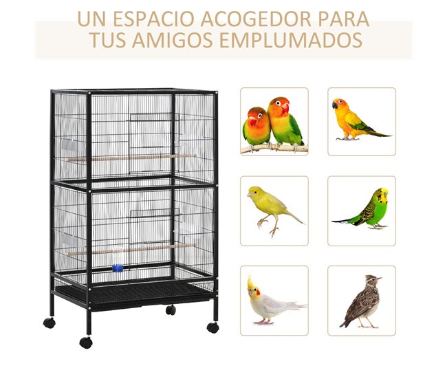Conforama PawHut Jaula Para Pájaros Con 4 Ruedas Pajarera Metálica Con Múltiples Puertas 4 Comederos Bebedero 2 Perchas Y Bandeja Para Loros Canarios Periquitos 79x52x137 Cm Negro