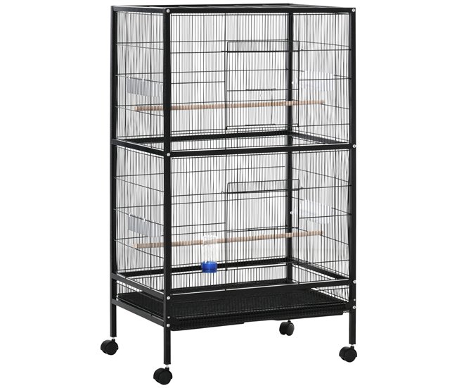 Conforama PawHut Jaula para Pájaros con 4 Ruedas Pajarera Metálica con Múltiples Puertas 4 Comederos Bebedero 2 Perchas y Bandeja para Loros Canarios Periquitos 79x52x137 cm Negro