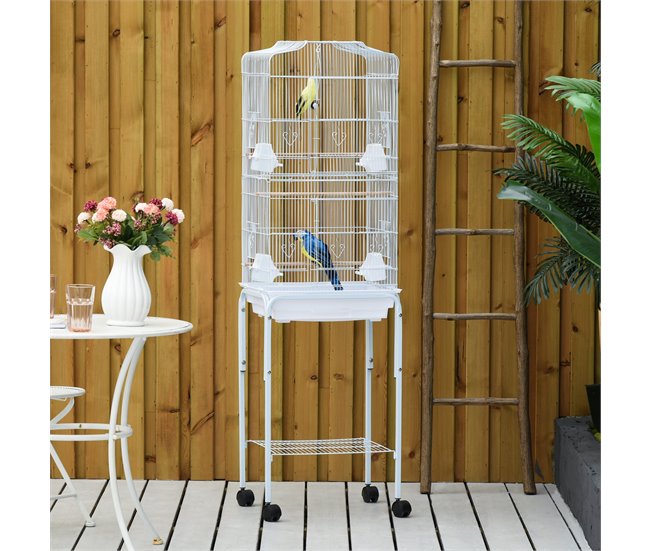 Conforama PawHut Jaula Para Pájaros Con Ruedas 46 5x36x157 Cm Jaula Metálica De Aves Con Puertas 4 Comederos 3 Perchas Bandeja Extraíble Y Estante De Almacenaje Para Canarios Periquitos Blanco