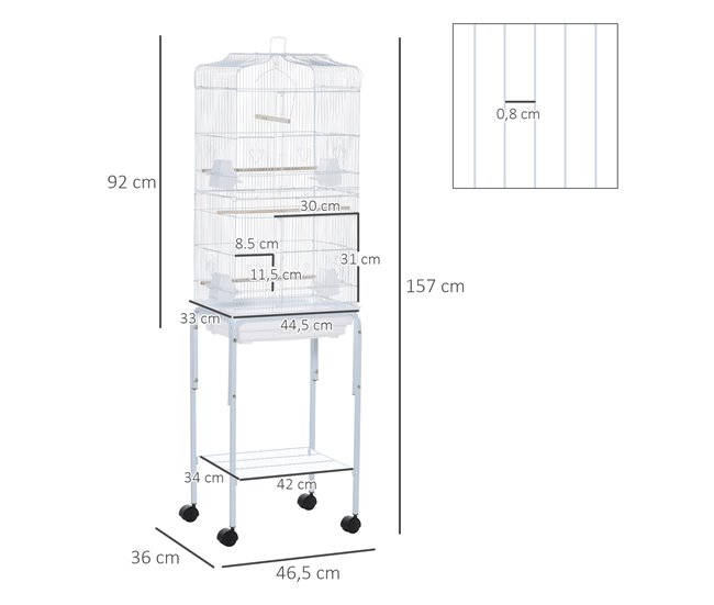 Conforama PawHut Jaula Para Pájaros Con Ruedas 46 5x36x157 Cm Jaula Metálica De Aves Con Puertas 4 Comederos 3 Perchas Bandeja Extraíble Y Estante De Almacenaje Para Canarios Periquitos Blanco