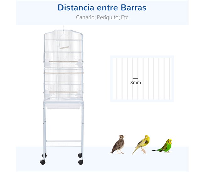 Conforama PawHut Jaula Para Pájaros Con Ruedas 46 5x36x157 Cm Jaula Metálica De Aves Con Puertas 4 Comederos 3 Perchas Bandeja Extraíble Y Estante De Almacenaje Para Canarios Periquitos Blanco