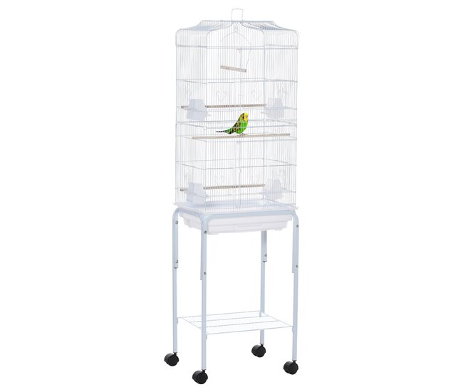 Conforama PawHut Jaula para Pájaros con Ruedas 46 5x36x157 cm Jaula Metálica de Aves con Puertas 4 Comederos 3 Perchas Bandeja Extraíble y Estante de Almacenaje para Canarios Periquitos Blanco