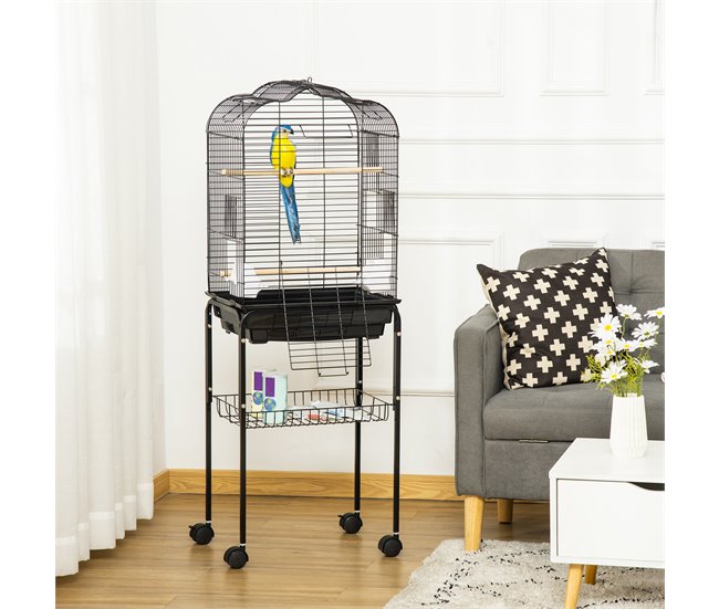 Conforama PawHut Jaula Para Pájaros Con Soporte Jaula De Aves Canarios Con 4 Ruedas Techo Abrible 2 Comederos 3 Perchas Bandeja Extraíble Y Estante Inferior 46x36x130 Cm Negro