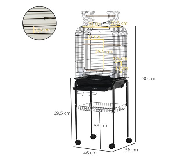 Conforama PawHut Jaula Para Pájaros Con Soporte Jaula De Aves Canarios Con 4 Ruedas Techo Abrible 2 Comederos 3 Perchas Bandeja Extraíble Y Estante Inferior 46x36x130 Cm Negro