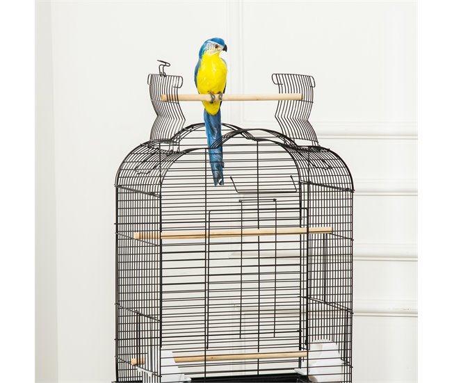 Conforama PawHut Jaula Para Pájaros Con Soporte Jaula De Aves Canarios Con 4 Ruedas Techo Abrible 2 Comederos 3 Perchas Bandeja Extraíble Y Estante Inferior 46x36x130 Cm Negro