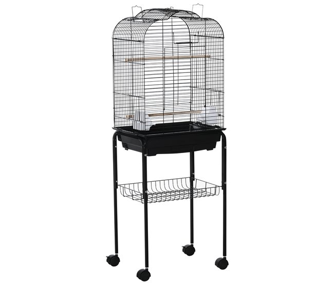 Conforama PawHut Jaula para Pájaros con Soporte Jaula de Aves Canarios con 4 Ruedas Techo Abrible 2 Comederos 3 Perchas Bandeja Extraíble y Estante Inferior 46x36x130 cm Negro