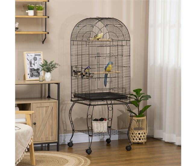 Conforama PawHut Jaula Para Pájaros Con Soporte Y Ruedas Jaula Grande De Acero Con Bandeja Extraíble 4 Puertas Y 2 Comederos Para Loros Guacamayos 51x51x153 Cm Negro
