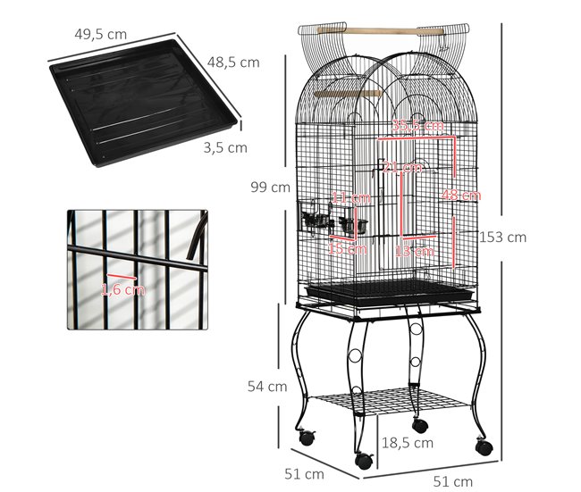 Conforama PawHut Jaula Para Pájaros Con Soporte Y Ruedas Jaula Grande De Acero Con Bandeja Extraíble 4 Puertas Y 2 Comederos Para Loros Guacamayos 51x51x153 Cm Negro