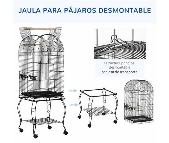Conforama PawHut Jaula Para Pájaros Con Soporte Y Ruedas Jaula Grande De Acero Con Bandeja Extraíble 4 Puertas Y 2 Comederos Para Loros Guacamayos 51x51x153 Cm Negro
